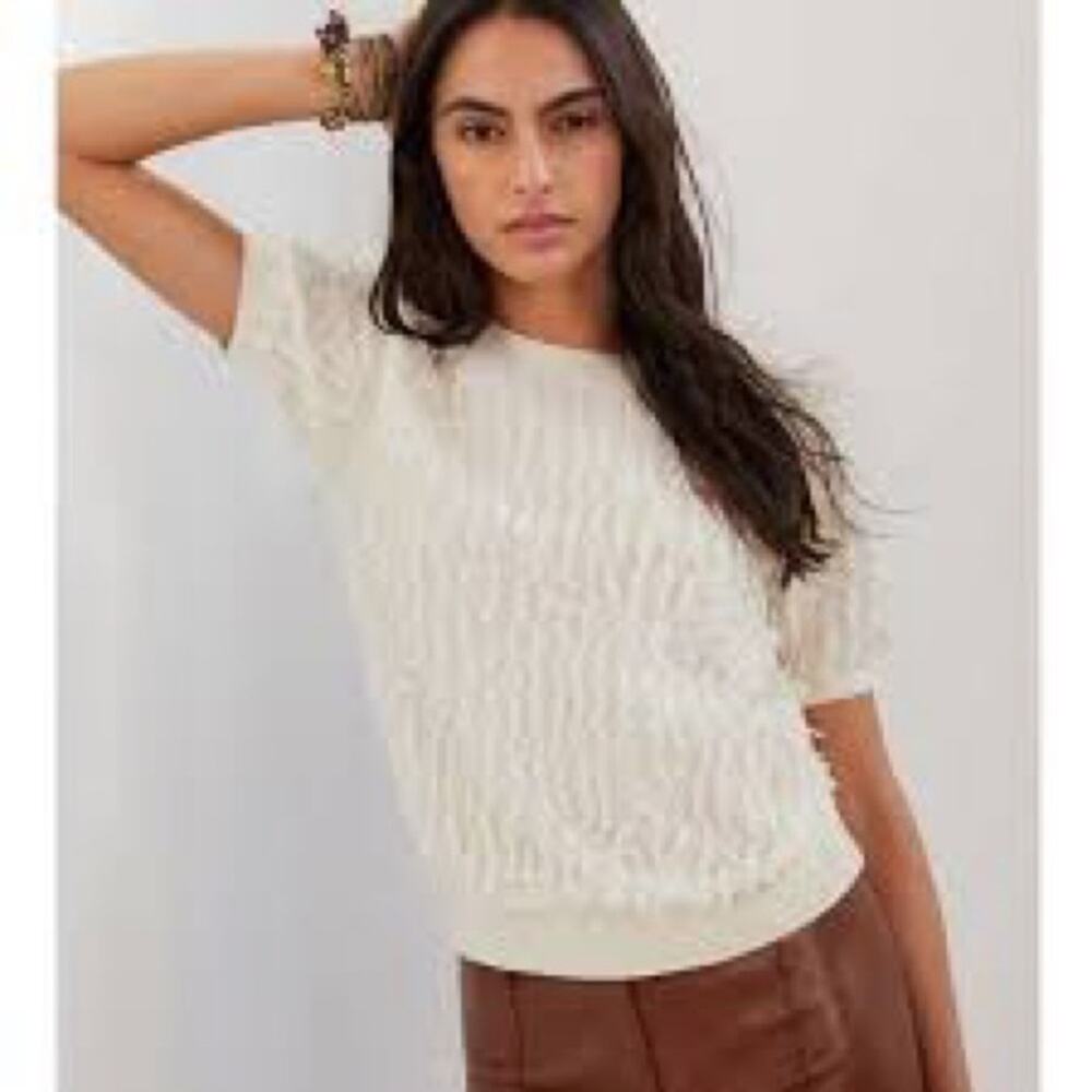 Anthropologie Cream Short-Sleeve Textured Crewneck Sweater